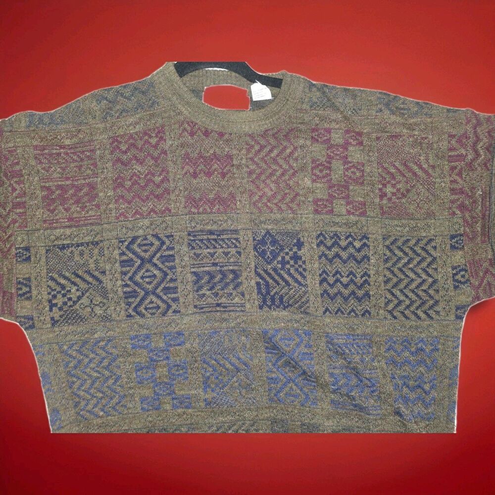 Vintage Italy Sweater Coogi Style Wool Men's SZ L  Roma Ottimo Geometric 90's